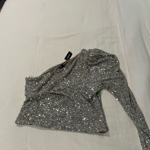 Express Silver Sequin One-Shoulder Blouse